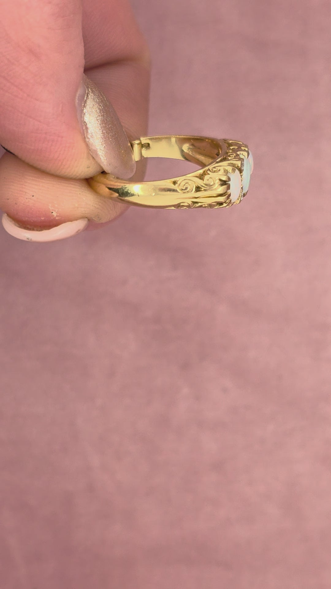 Load and play video in Gallery viewer, Victorian Opal and Diamond Trilogy Ring 18ct Gold
