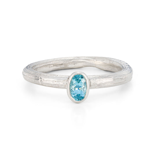 Horse Chestnut Silver Twig ring with Aquamarine